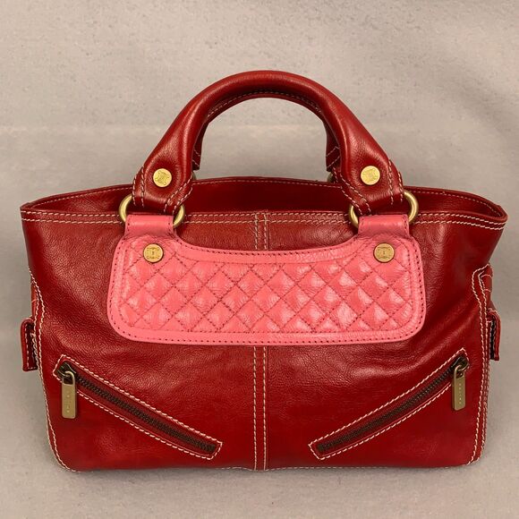 Celine Red Leather Satchel Bag Pink Quilted Detail Designer Purse Classic Luxury - Picture 1 of 9